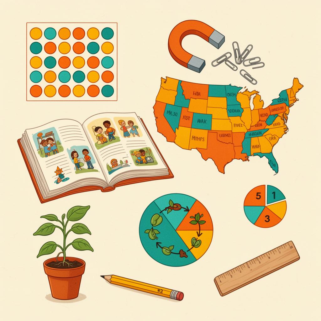 Third grade learning materials including a community map, fraction tiles, books, and a magnet